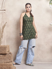 Dark Green Halter Neck Cotton Short Kurti with Block Print