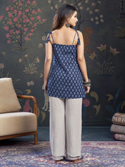 Navy Blue Tie-Knot Shoulder Cotton Short Kurti with Floral Block Print