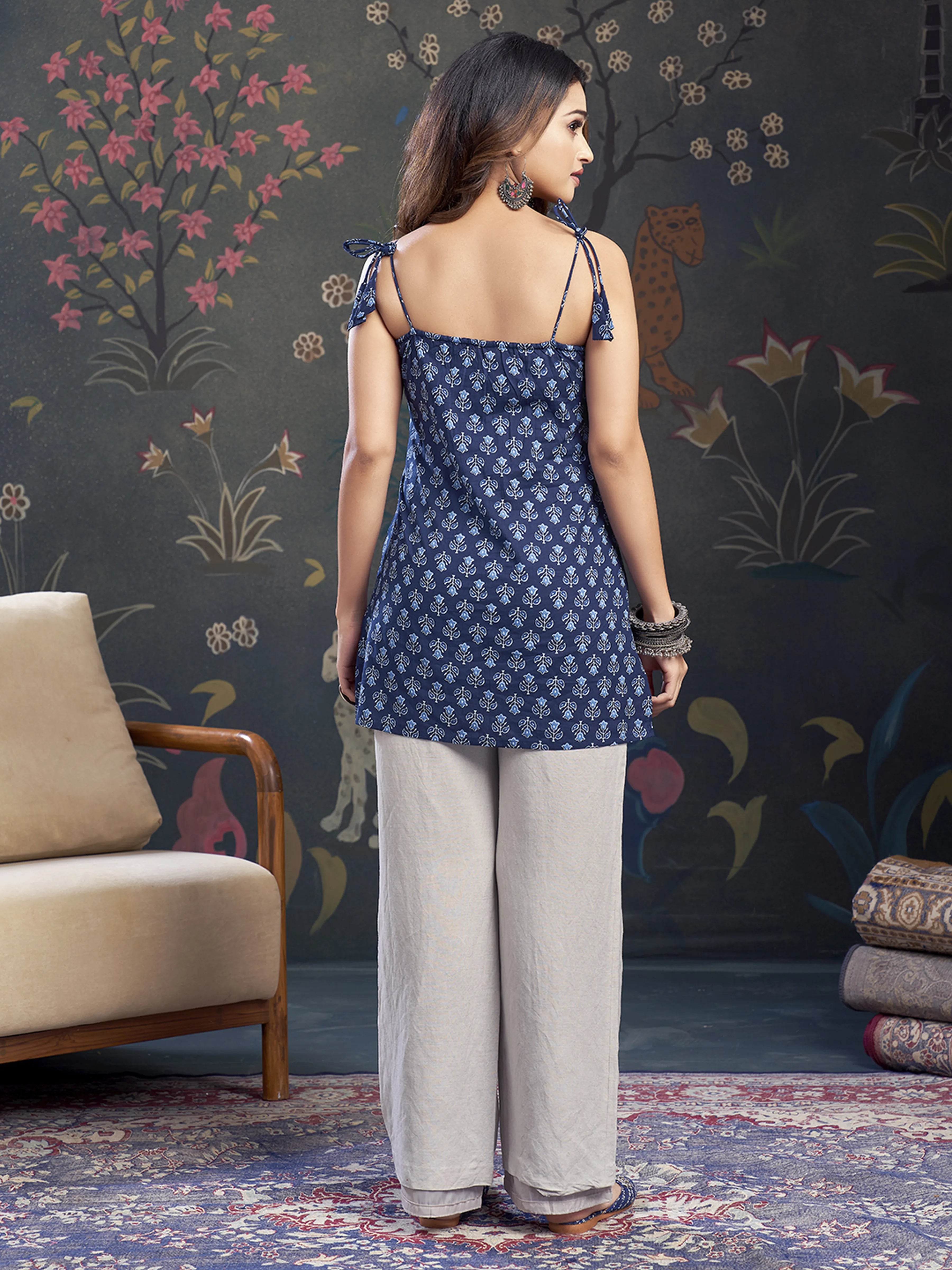 Navy Blue Tie-Knot Shoulder Cotton Short Kurti with Floral Block Print