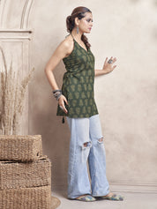 Dark Green Halter Neck Cotton Short Kurti with Block Print