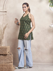 Dark Green Halter Neck Cotton Short Kurti with Block Print