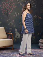 Navy Blue Tie-Knot Shoulder Cotton Short Kurti with Floral Block Print
