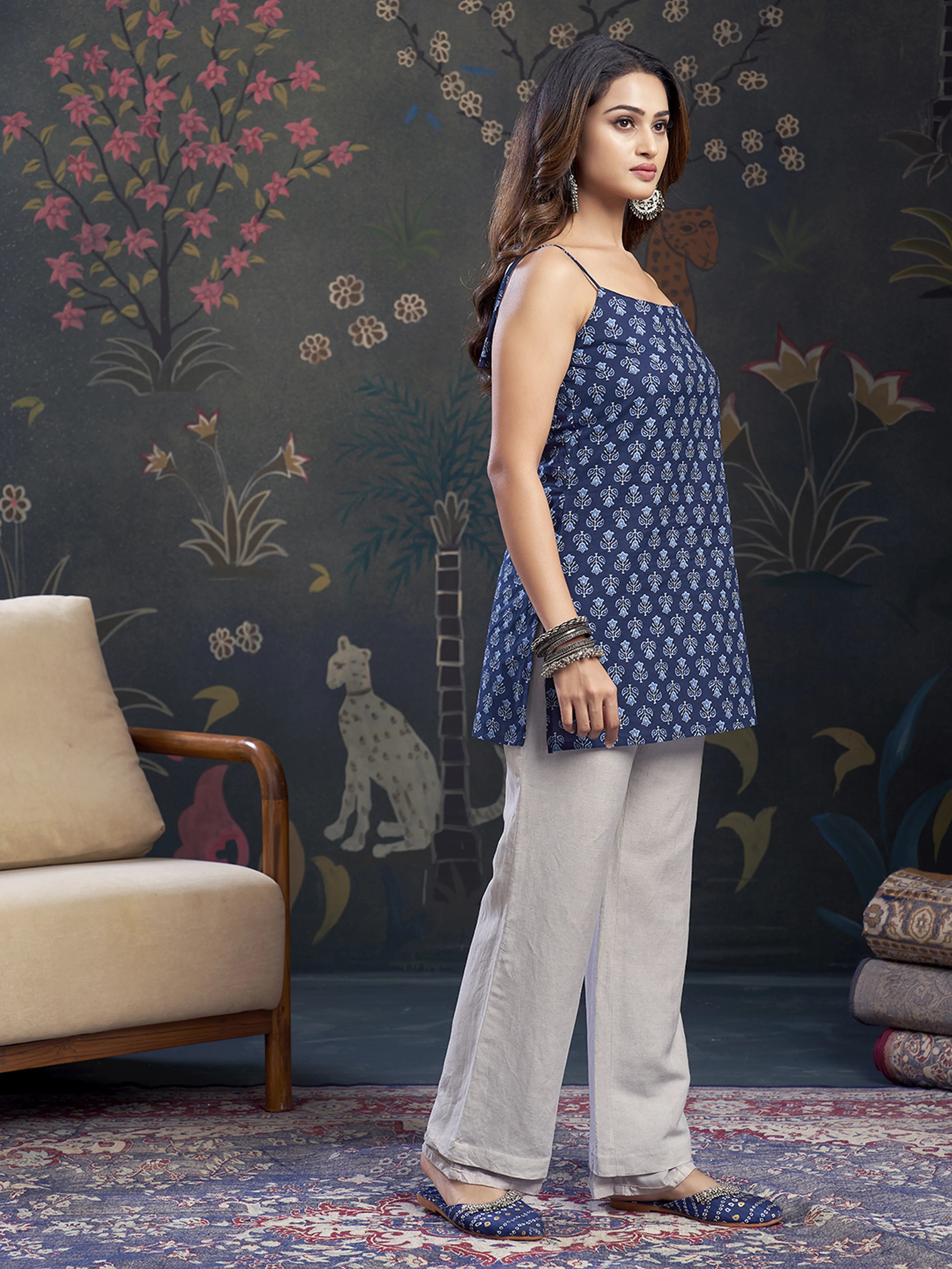 Navy Blue Tie-Knot Shoulder Cotton Short Kurti with Floral Block Print