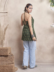 Dark Green Halter Neck Cotton Short Kurti with Block Print