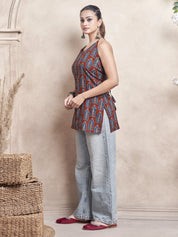 Red Base Halter Neck Cotton Short Kurti with Blue Window Block Print