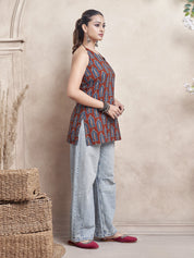 Red Base Halter Neck Cotton Short Kurti with Blue Window Block Print