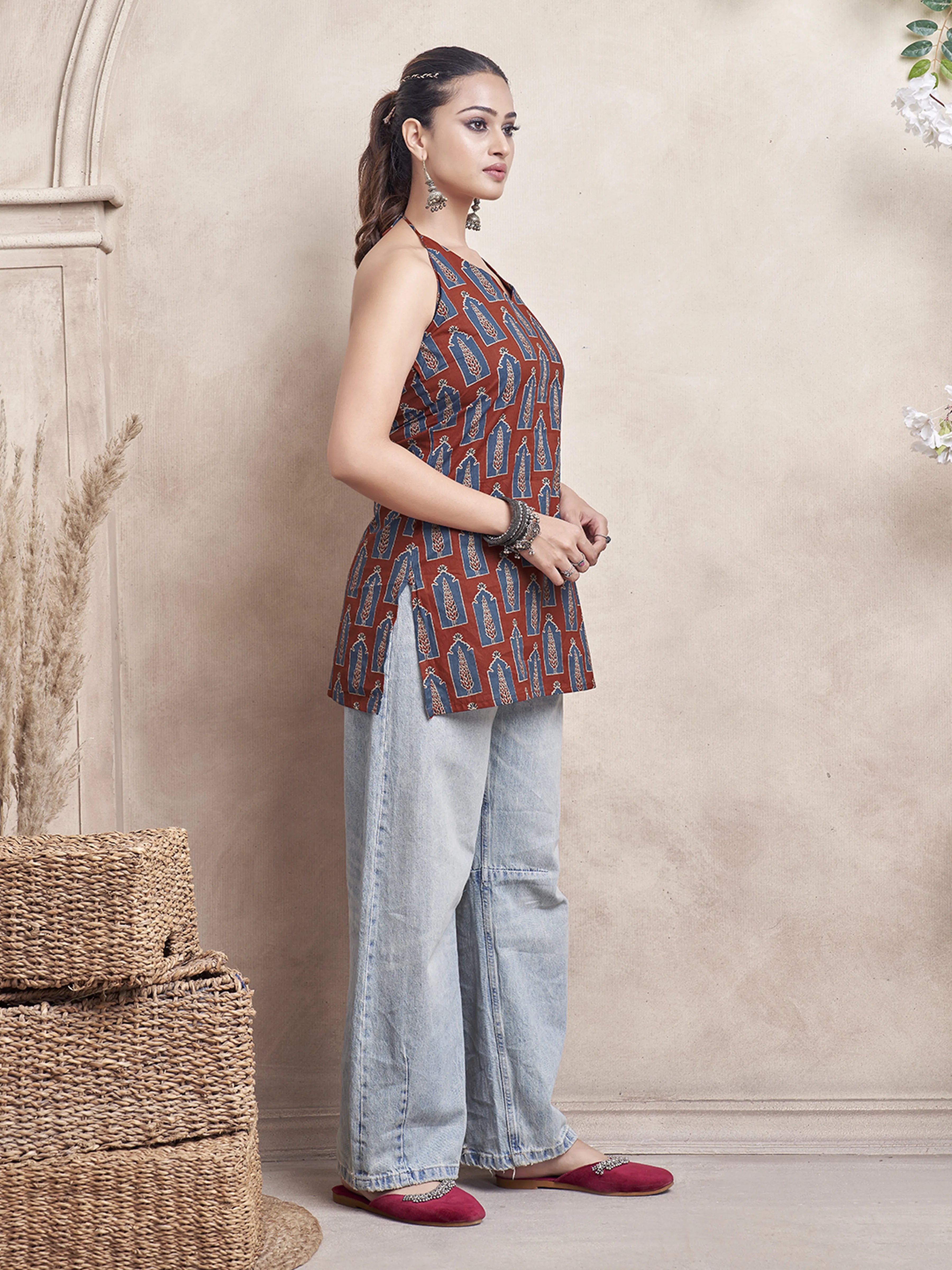 Red Base Halter Neck Cotton Short Kurti with Blue Window Block Print