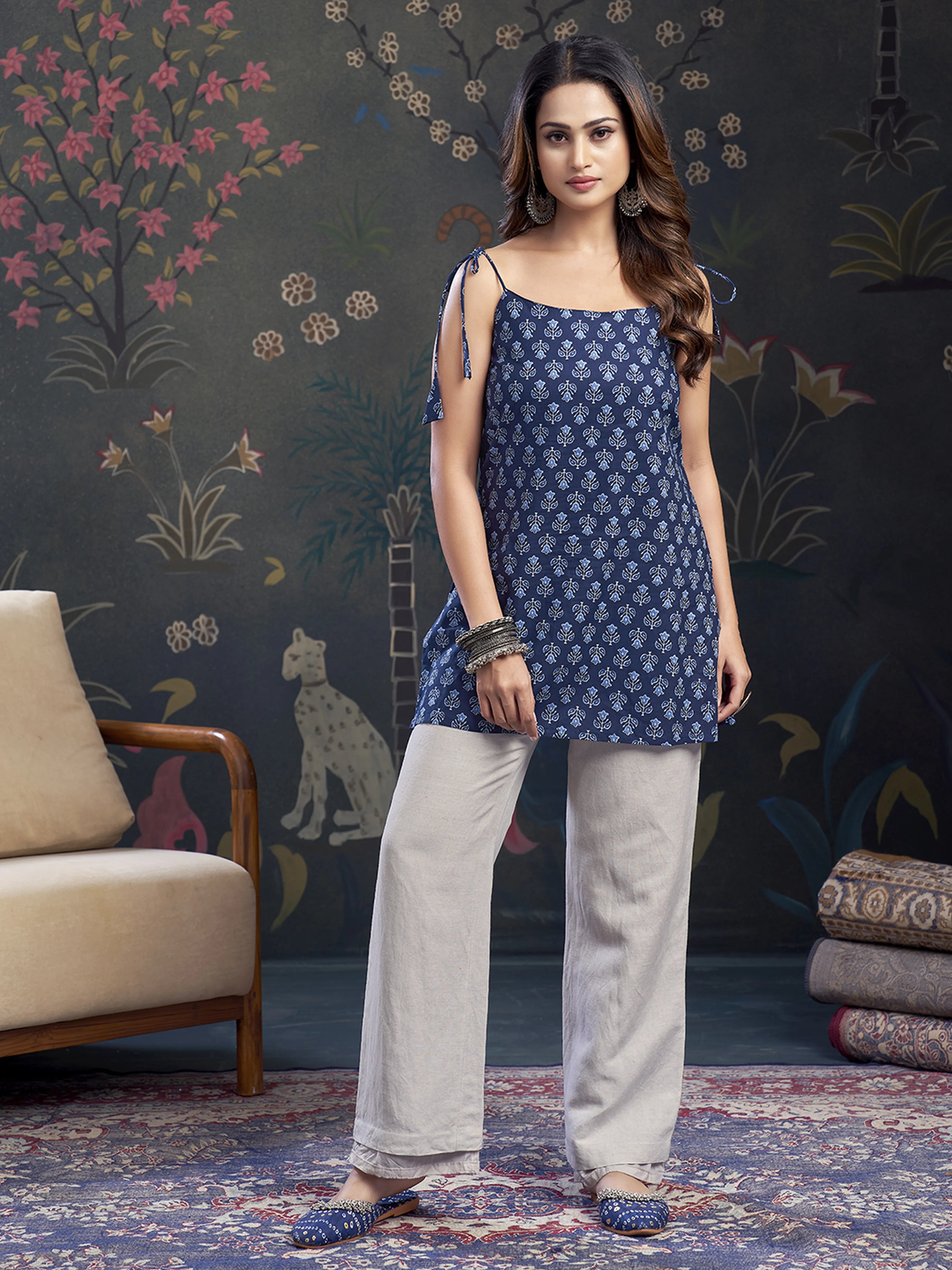 Navy Blue Tie-Knot Shoulder Cotton Short Kurti with Floral Block Print