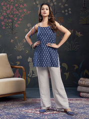 Navy Blue Tie-Knot Shoulder Cotton Short Kurti with Floral Block Print