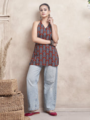 Red Base Halter Neck Cotton Short Kurti with Blue Window Block Print