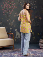 Lime Yellow Tie-Knot Shoulder Cotton Short Kurti with Pink Floral Print