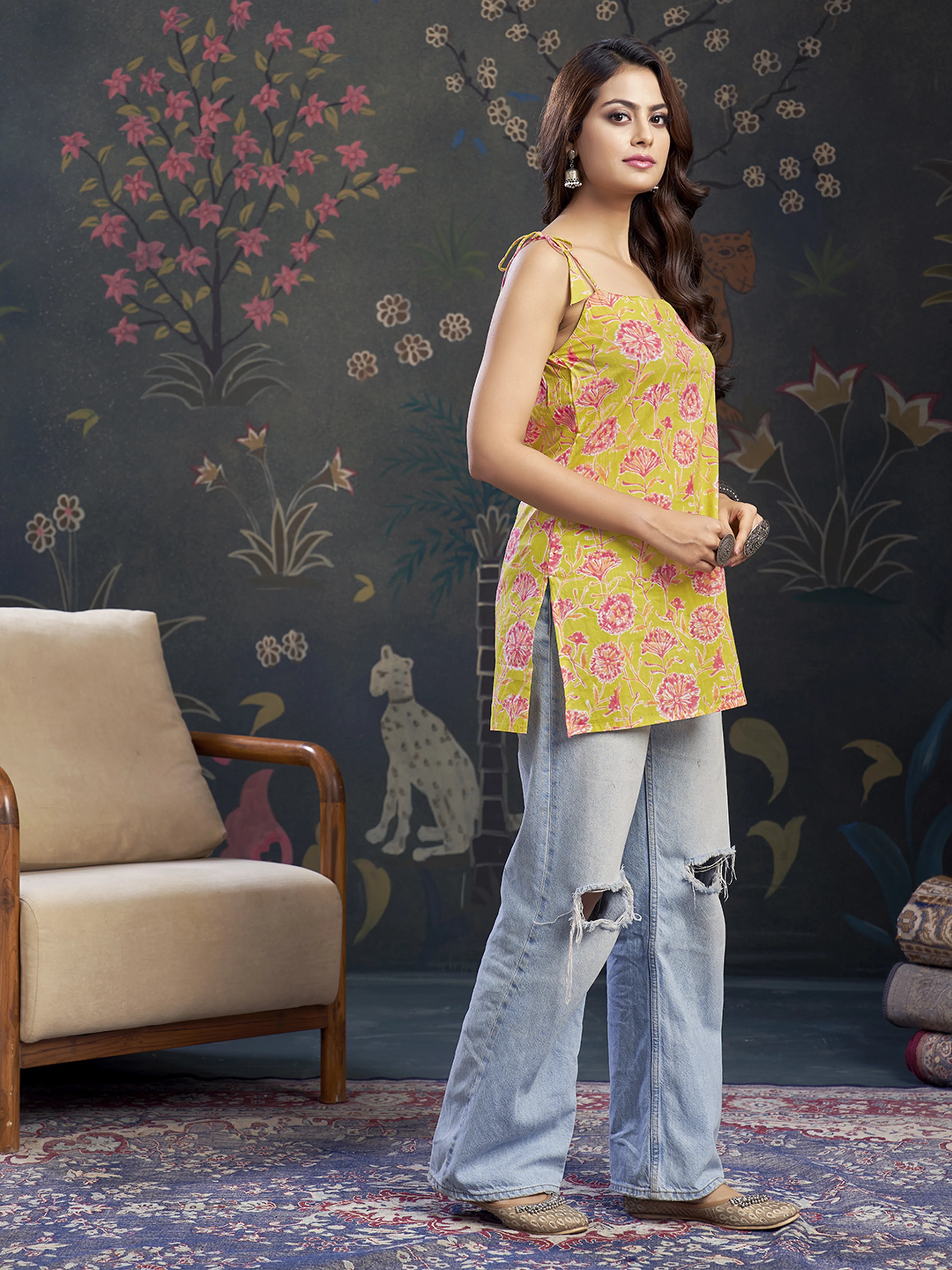 Lime Yellow Tie-Knot Shoulder Cotton Short Kurti with Pink Floral Print