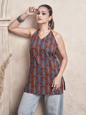 Red Base Halter Neck Cotton Short Kurti with Blue Window Block Print