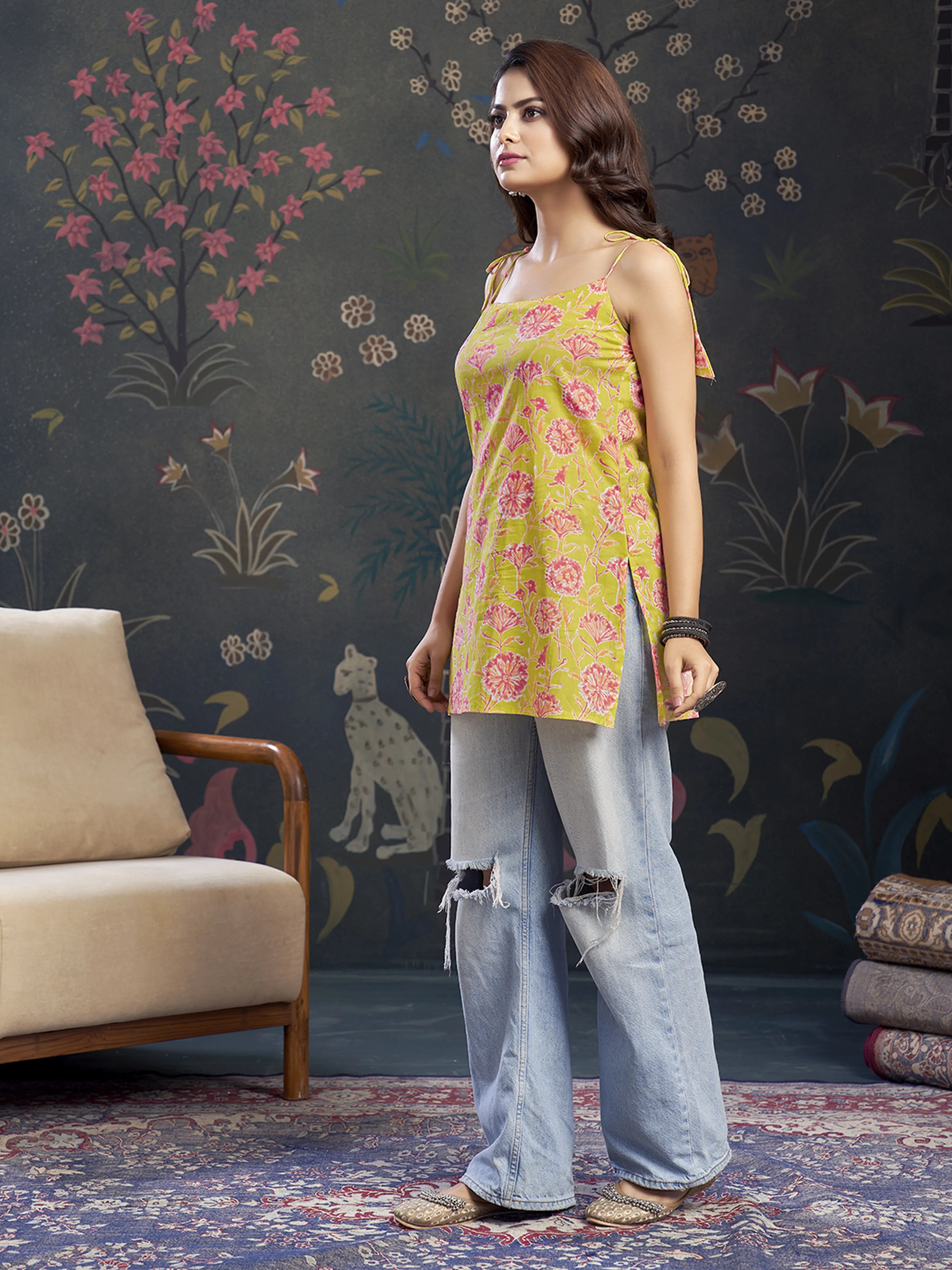 Lime Yellow Tie-Knot Shoulder Cotton Short Kurti with Pink Floral Print