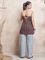 Red Base Halter Neck Cotton Short Kurti with Blue Window Block Print