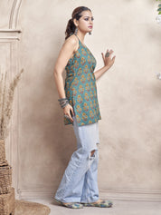 Muted Green Halter Neck Cotton Short Kurti with Floral Block Print