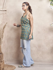 Muted Green Halter Neck Cotton Short Kurti with Floral Block Print