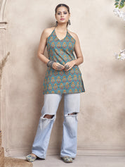 Muted Green Halter Neck Cotton Short Kurti with Floral Block Print