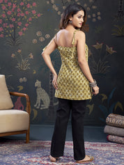 Muted Yellow Tie-Dye Cotton Short Kurti with Floral Block Print