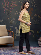 Muted Yellow Tie-Dye Cotton Short Kurti with Floral Block Print