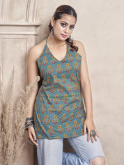 Muted Green Halter Neck Cotton Short Kurti with Floral Block Print