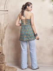 Muted Green Halter Neck Cotton Short Kurti with Floral Block Print