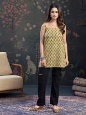 Muted Yellow Tie-Dye Cotton Short Kurti with Floral Block Print