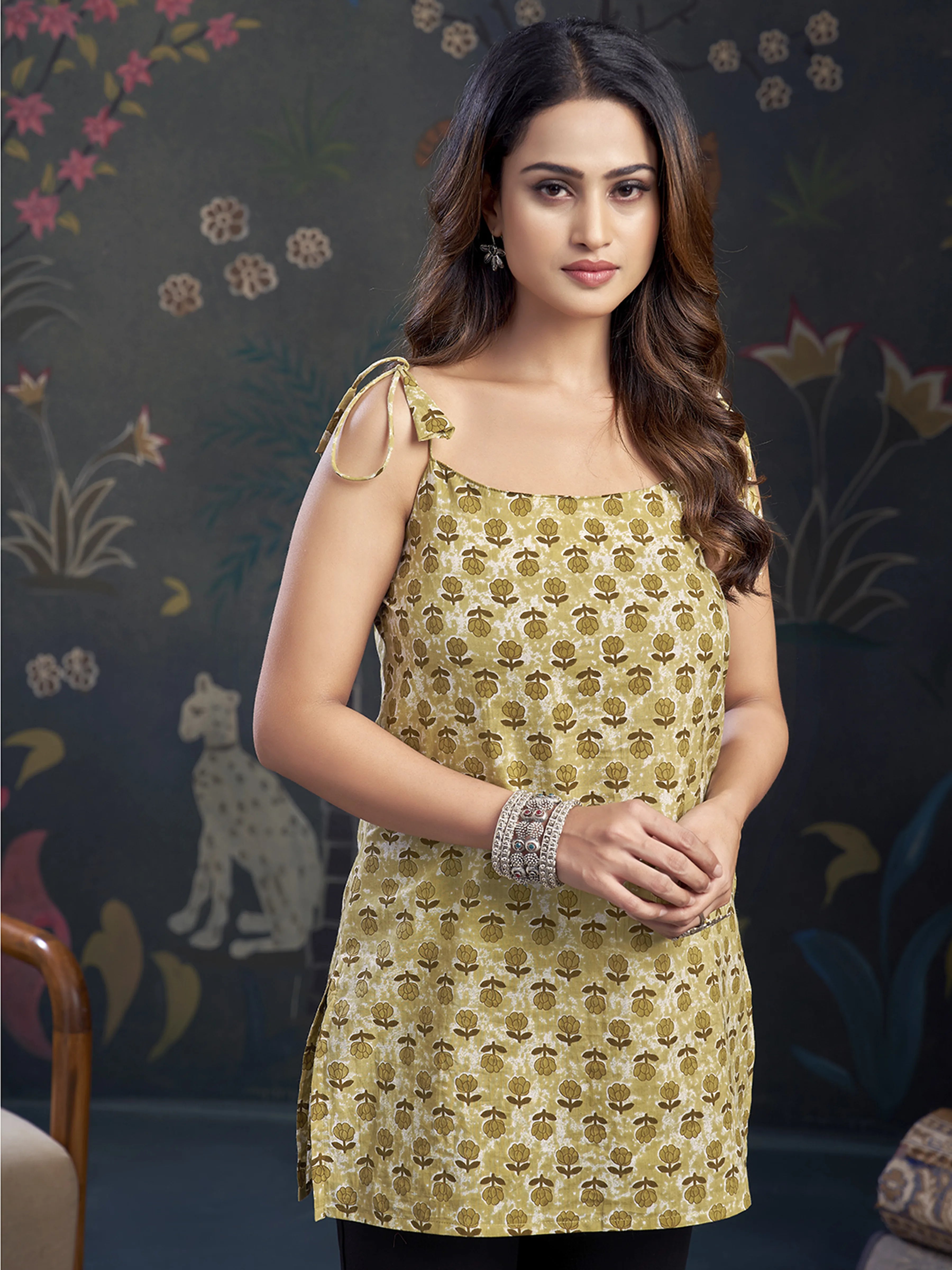 Muted Yellow Tie-Dye Cotton Short Kurti with Floral Block Print
