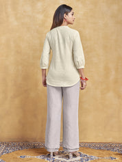 Beige Embroidered Short Kurti in Cotton Flex