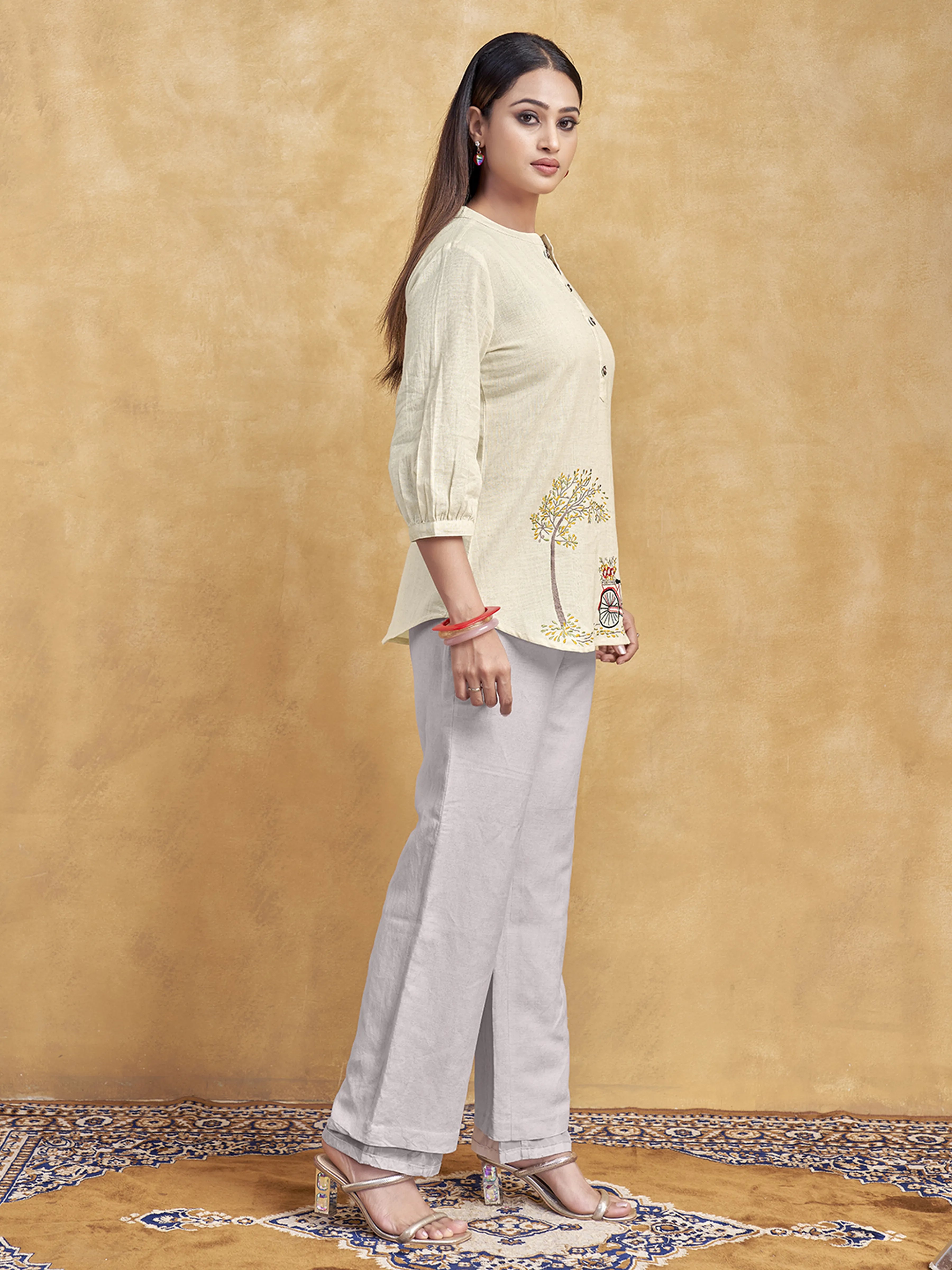 Beige Embroidered Short Kurti in Cotton Flex