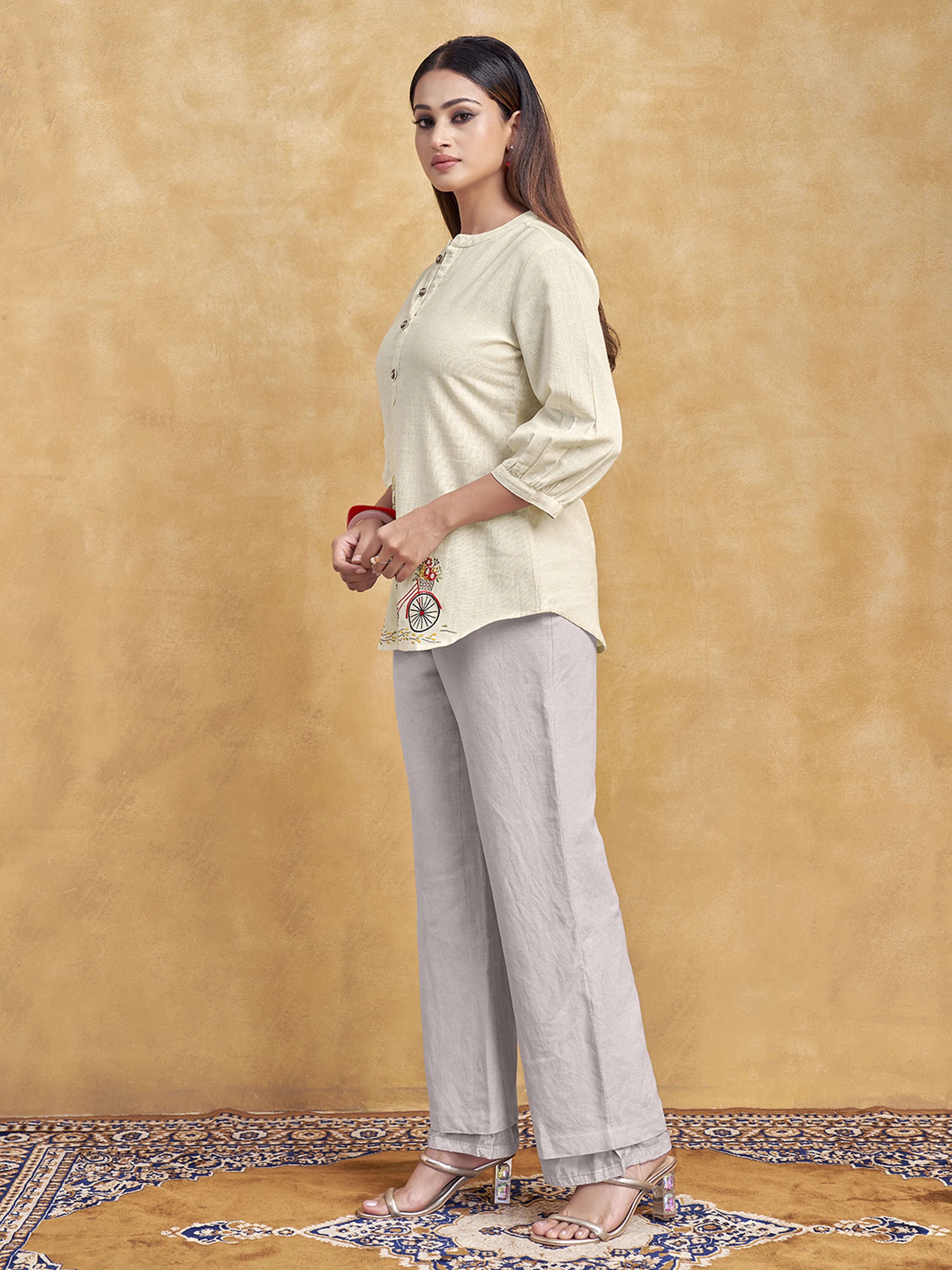 Beige Embroidered Short Kurti in Cotton Flex