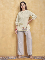 Beige Embroidered Short Kurti in Cotton Flex