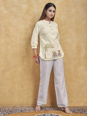 Beige Embroidered Short Kurti in Cotton Flex