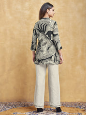 Black & Grey Leaf Abstract Short Kurti in Crepe