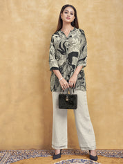 Black & Grey Leaf Abstract Short Kurti in Crepe