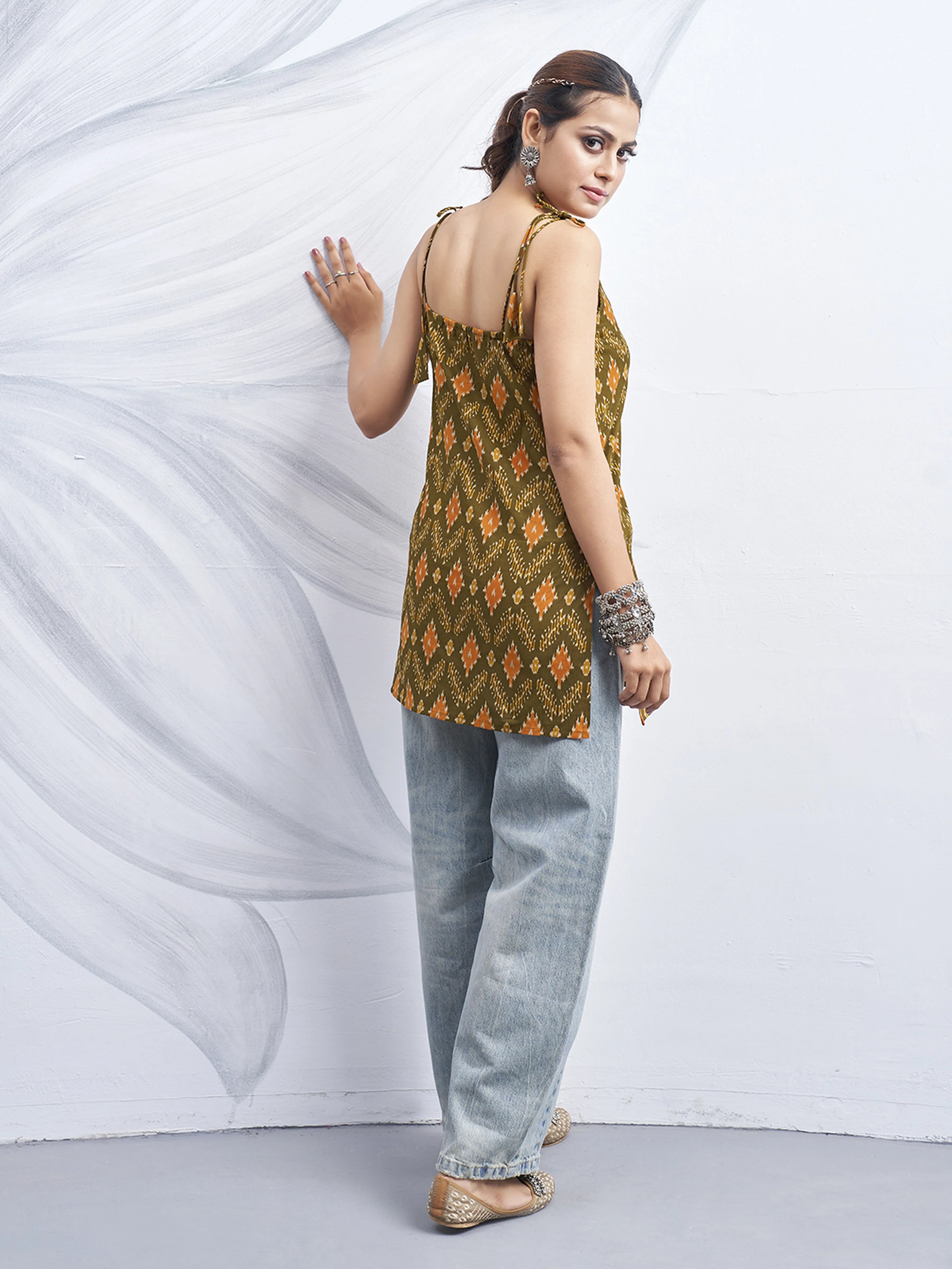 Olive Green Tie-Knot Shoulder Cotton Short Kurti