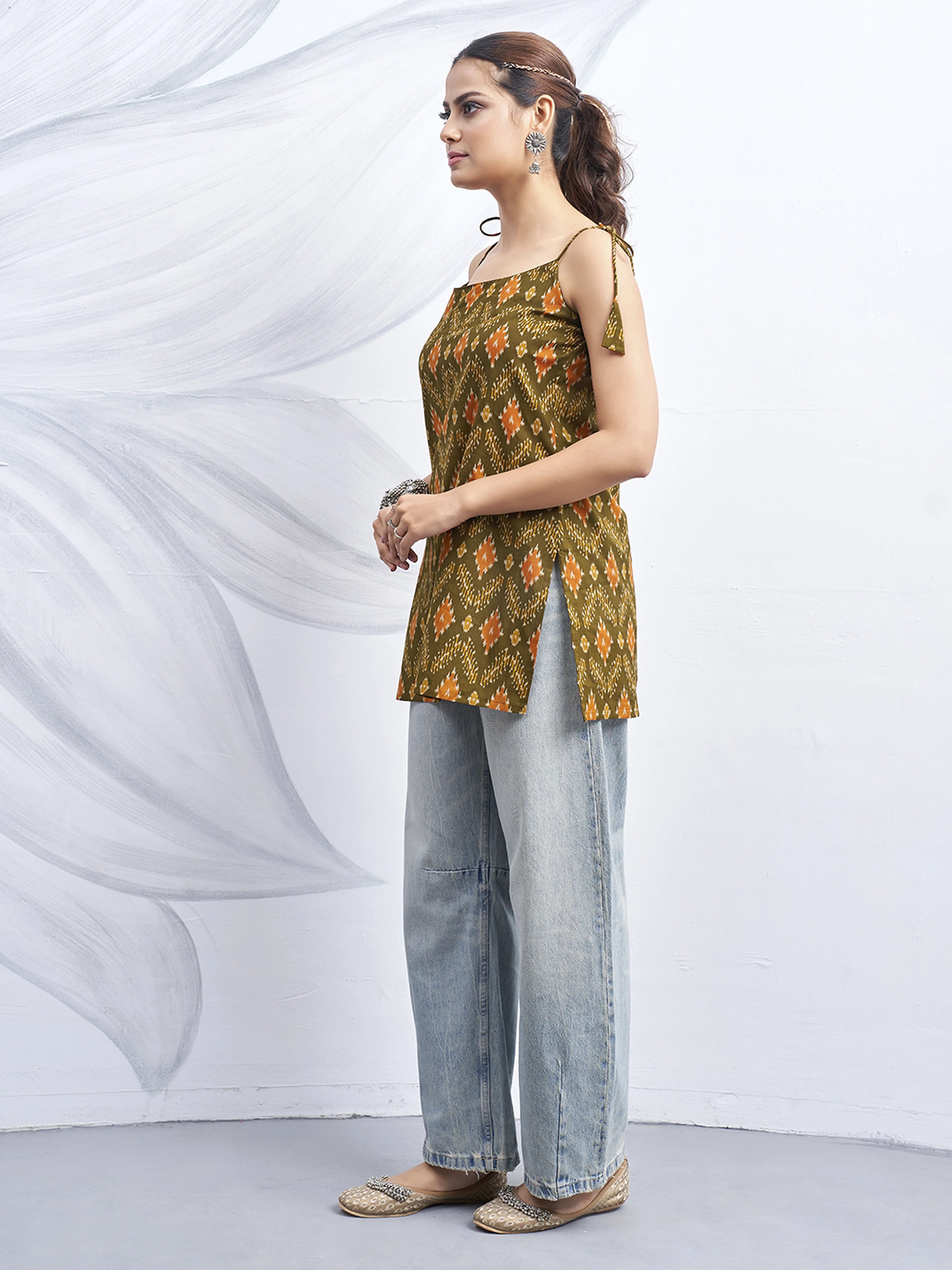 Olive Green Tie-Knot Shoulder Cotton Short Kurti