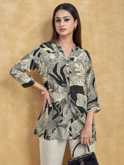 Black & Grey Leaf Abstract Short Kurti in Crepe