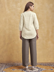 Beige Scenic Embroidered Short Kurti in Cotton Flex