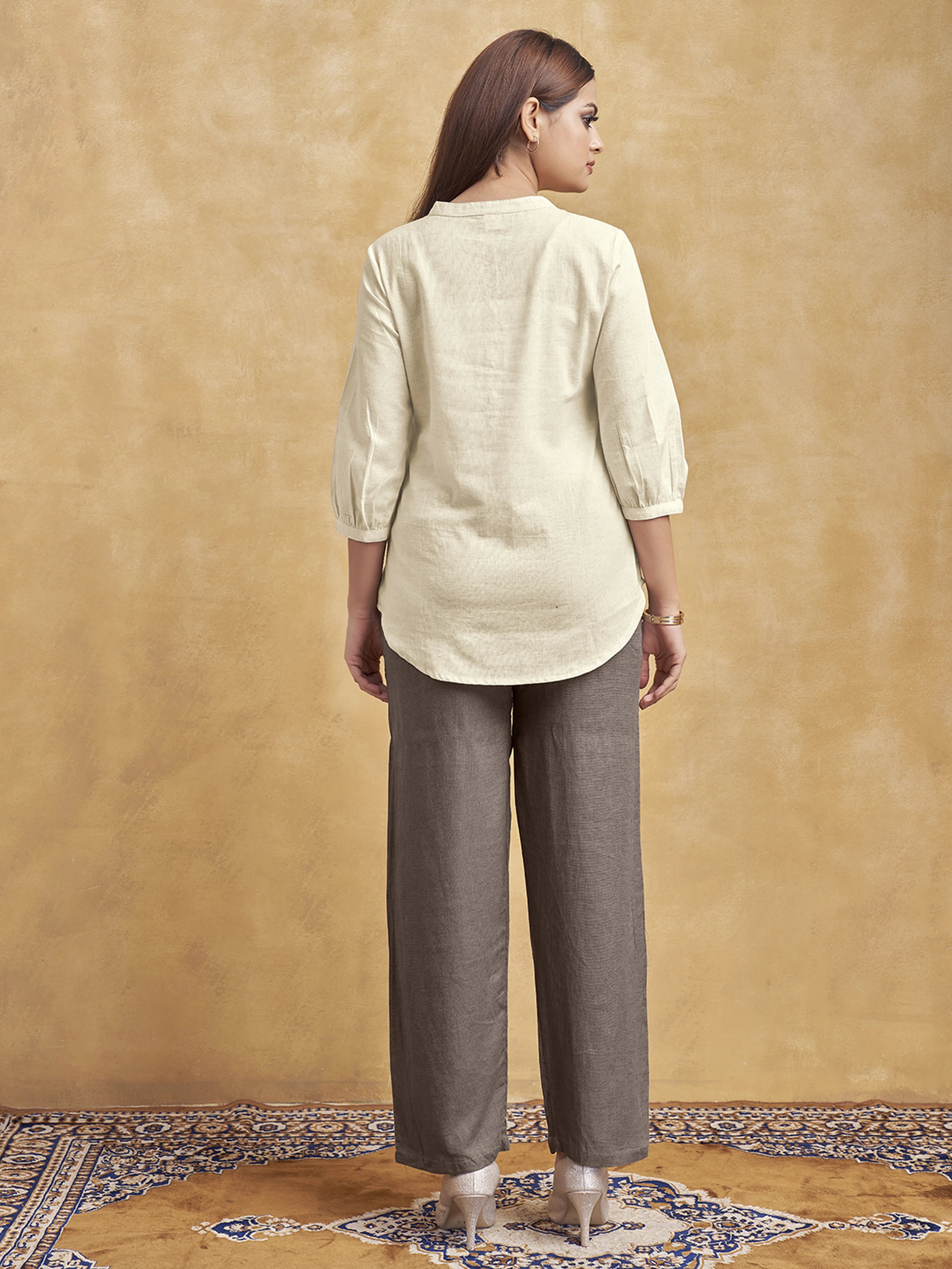 Beige Scenic Embroidered Short Kurti in Cotton Flex