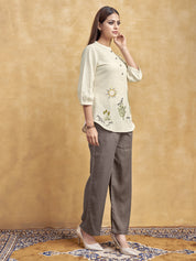 Beige Scenic Embroidered Short Kurti in Cotton Flex