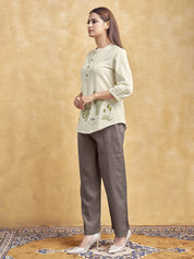 Beige Scenic Embroidered Short Kurti in Cotton Flex