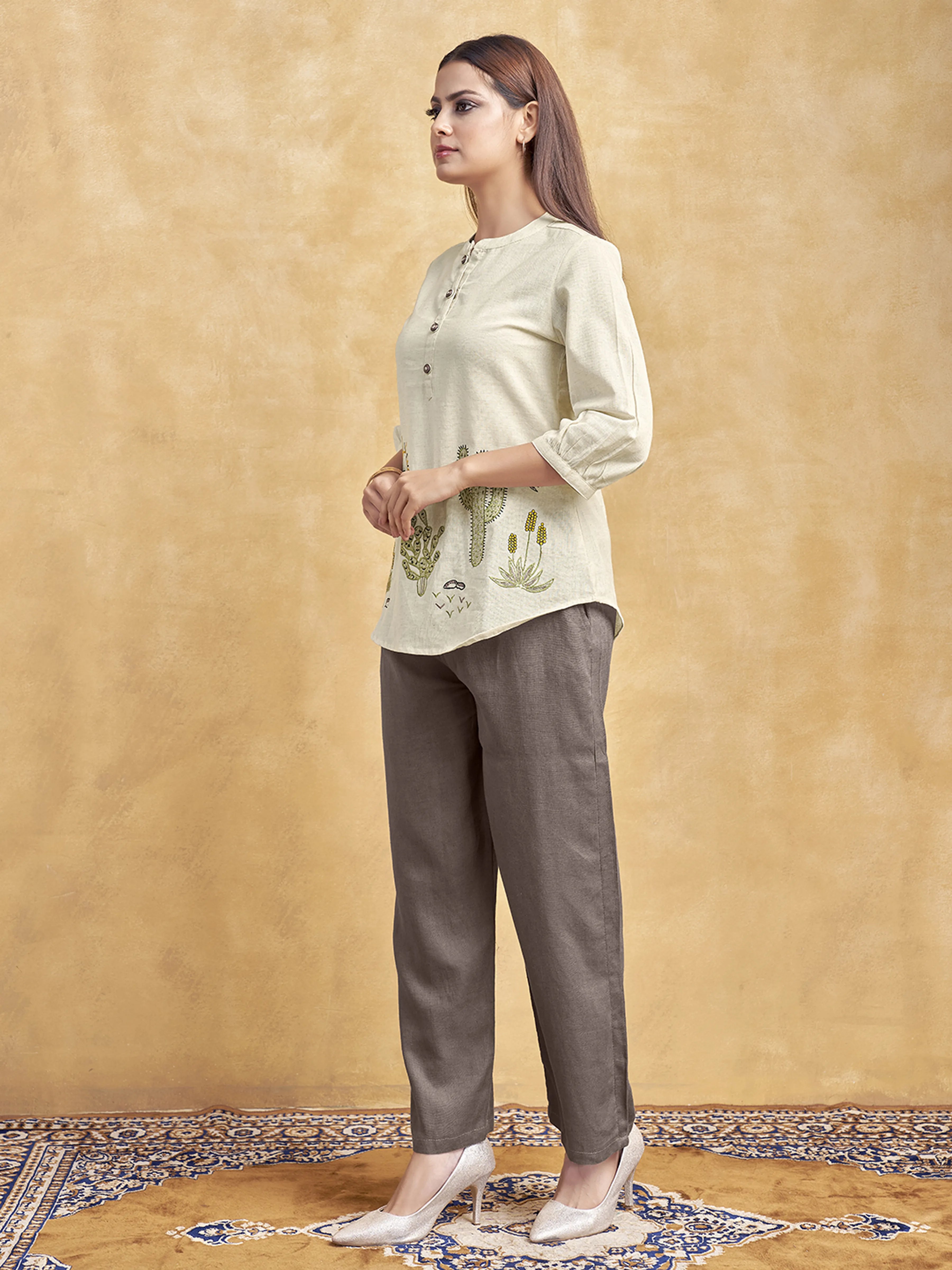 Beige Scenic Embroidered Short Kurti in Cotton Flex