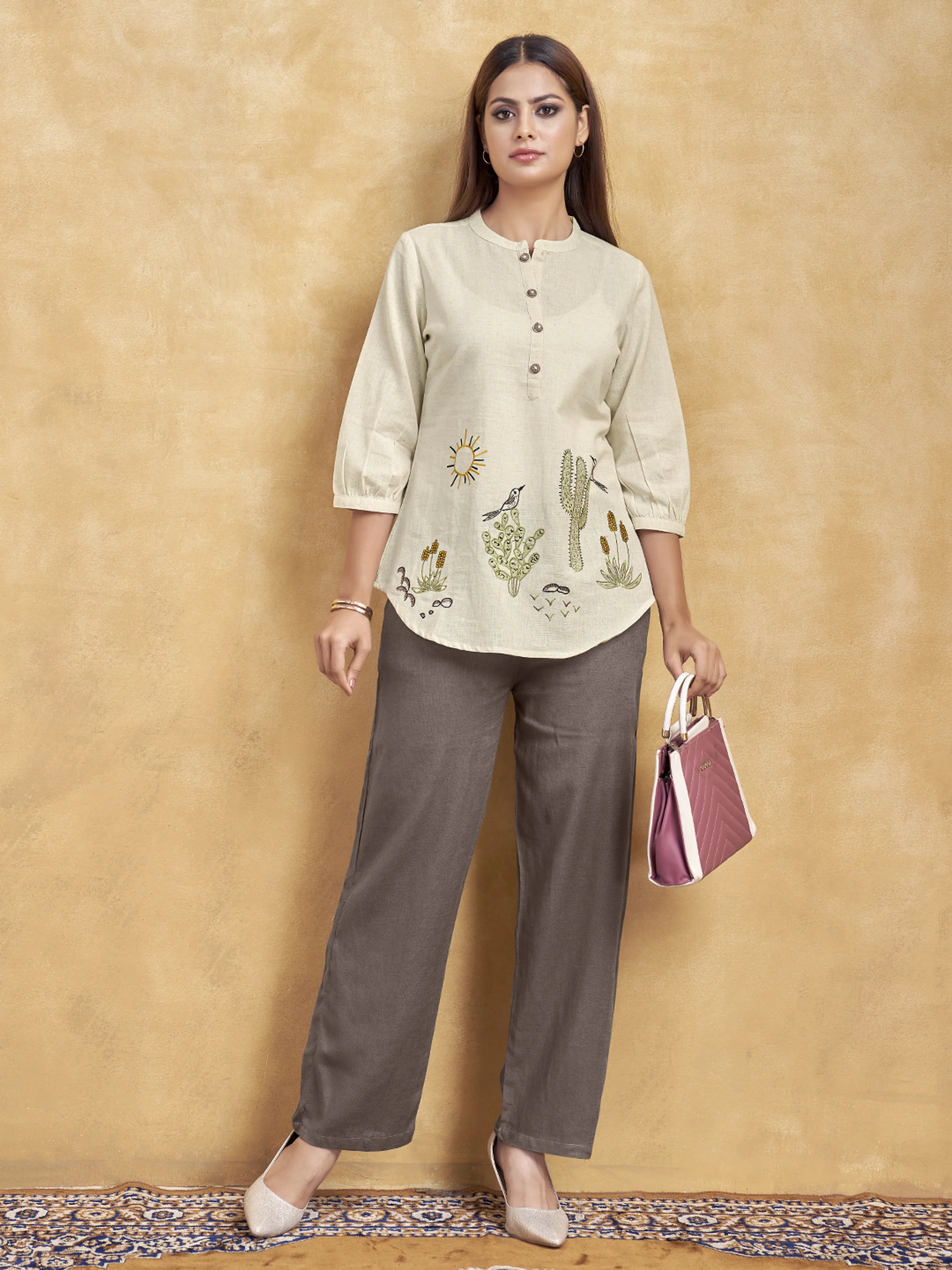 Beige Scenic Embroidered Short Kurti in Cotton Flex