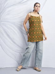 Olive Green Tie-Knot Shoulder Cotton Short Kurti