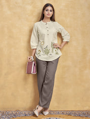 Beige Scenic Embroidered Short Kurti in Cotton Flex