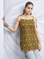 Olive Green Tie-Knot Shoulder Cotton Short Kurti