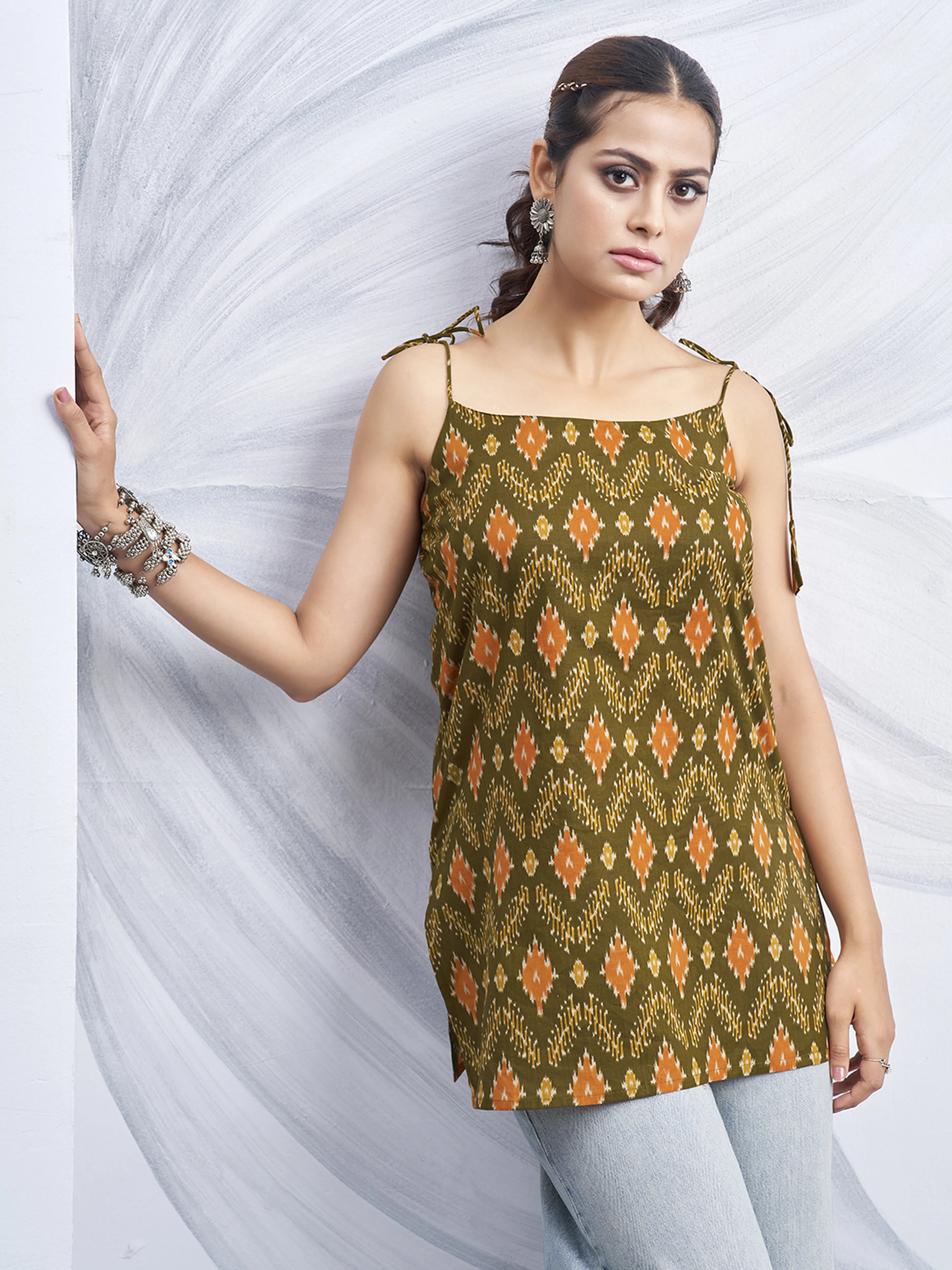 Olive Green Tie-Knot Shoulder Cotton Short Kurti