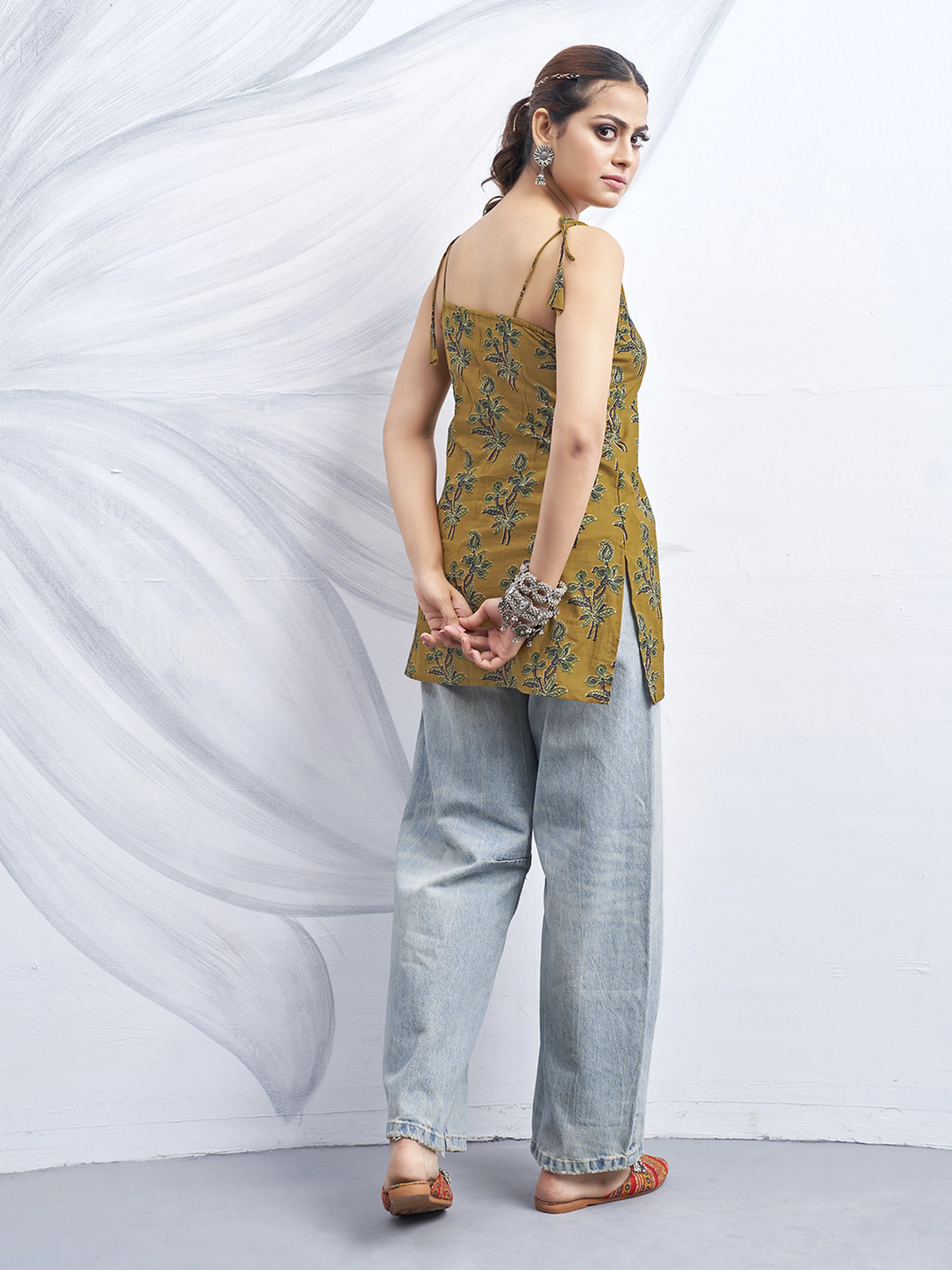 Mustard Brown Tie-Knot Shoulder Cotton Short Kurti with Floral Block Print