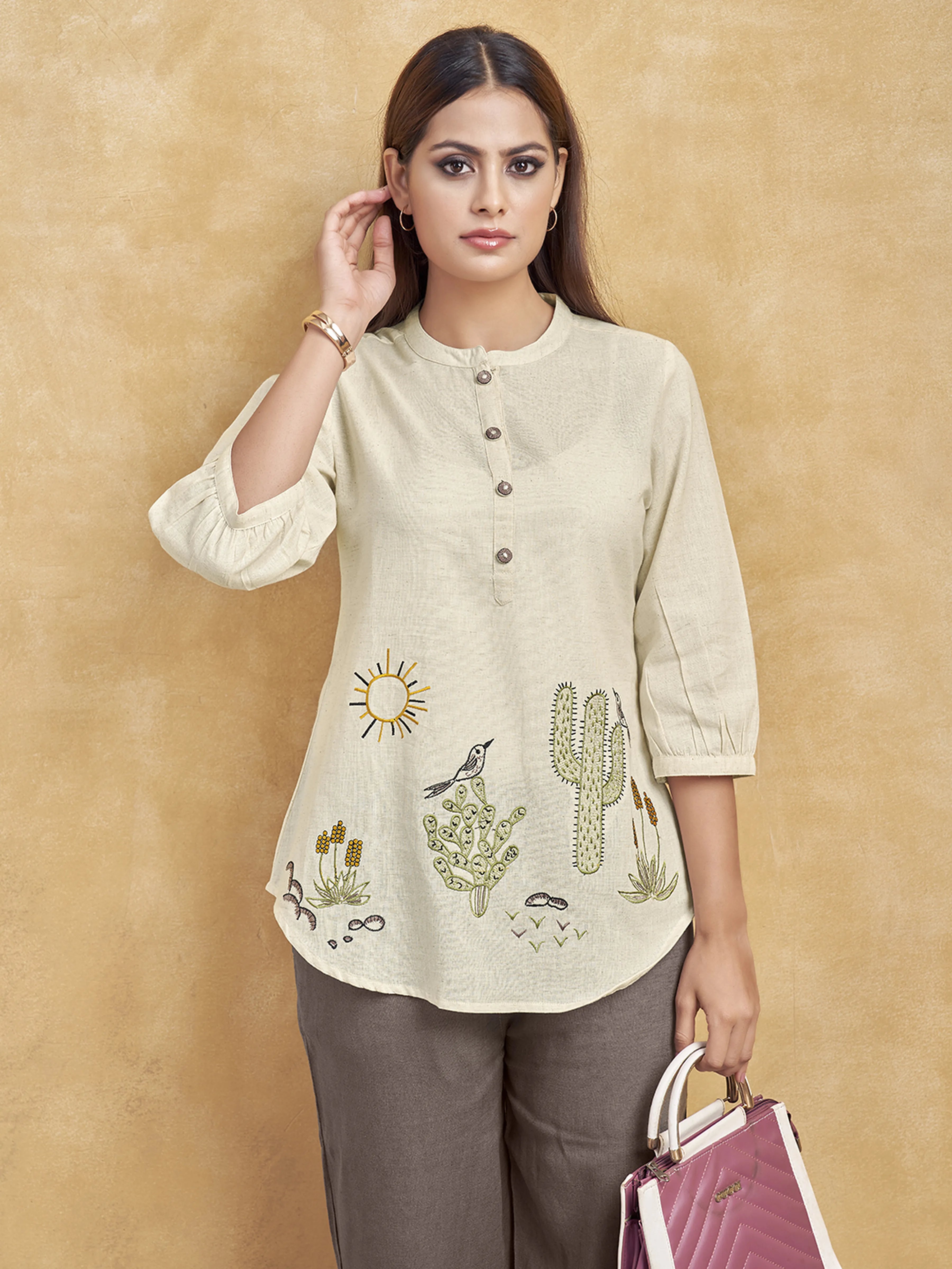 Beige Scenic Embroidered Short Kurti in Cotton Flex